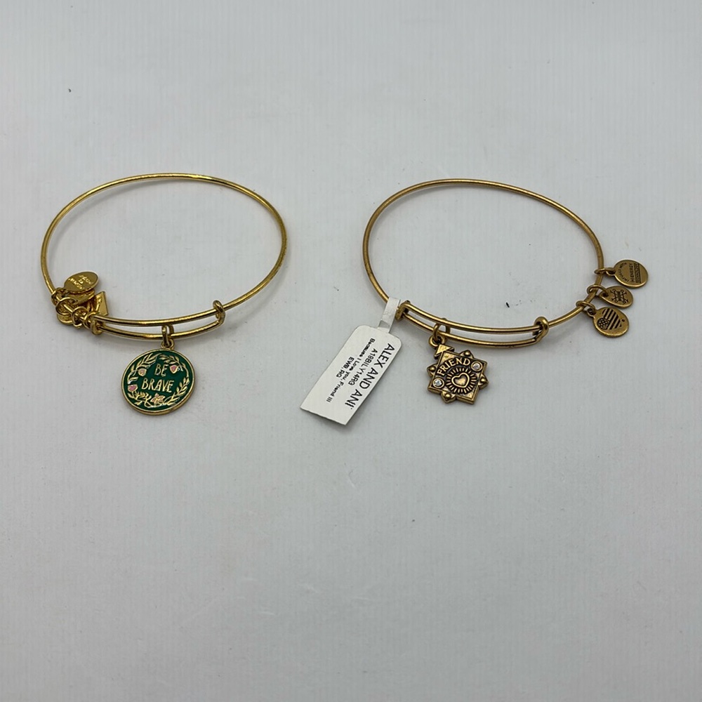 Alex and Ani gold charm bangle bracelet stretch Friend and Be Brave charms